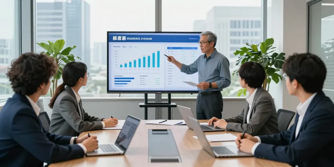 Dynamic mortgage simulation consultation with professionals discussing simulación hipotecas in a modern office.