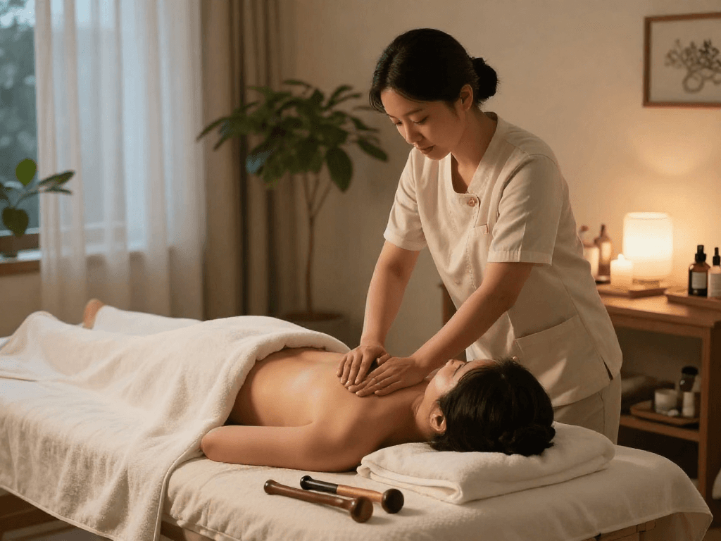 Relaxing 의정부출장안마 home massage scene with professional therapist and calming decor.