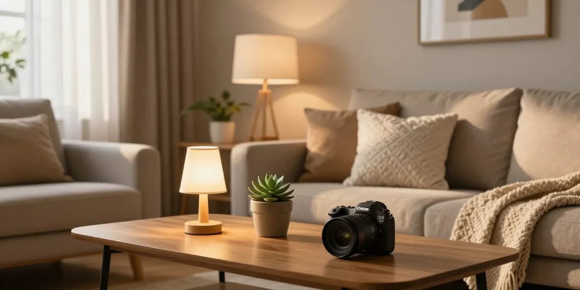 Sala de estar acogedora con lámparas de mesa pequeñas que mejoran la ambientación y la decoración
