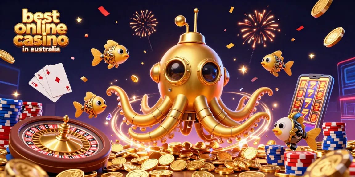 Win at the best online casino in Australia with a vibrant 3D scene featuring a golden kraken and mechanical fish.