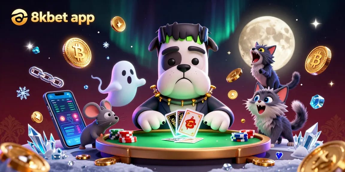 Engage with the 8xbet app at a vibrant gambling scene featuring a unique cartoon bulldog dealer.