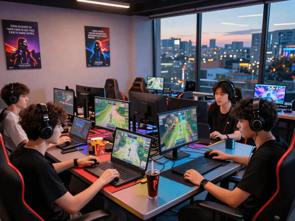 Join the fun in this vibrant gaming café scene with rokok88 login details visible on a laptop screen.