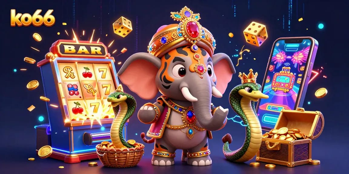 Engage with ko66's vibrant slots scene featuring a maharaja tiger, elephant, and golden treasures.