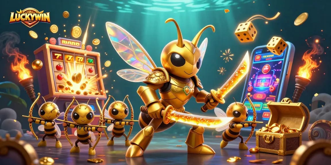 LUCKYWIN's vibrant illustration showcases thrilling casino action with golden elements and jackpot excitement!