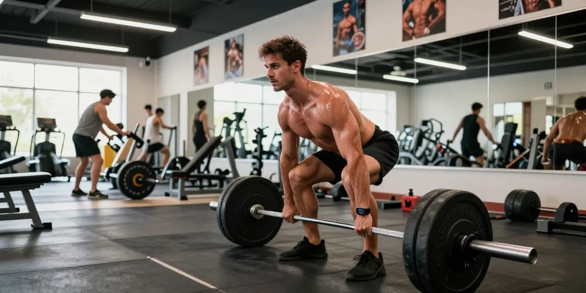 Escena fitness de Esteroidesshop de un hombre levantando peso en un gimnasio vibrante.