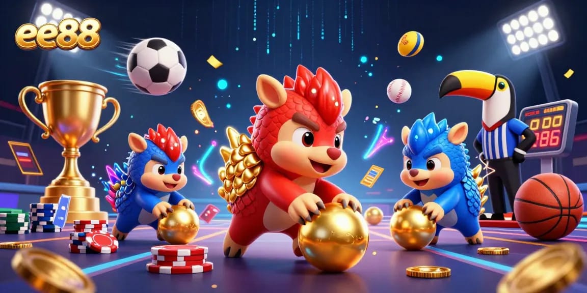 ee88 pangolins compete in a vibrant 3D casino scene filled with golden poker chips and sports balls