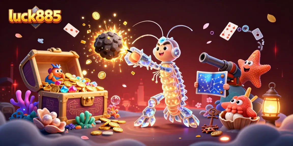 Experience luck885's thrilling casino adventure with a galactic mantis shrimp amidst golden gems and swimming cards.
