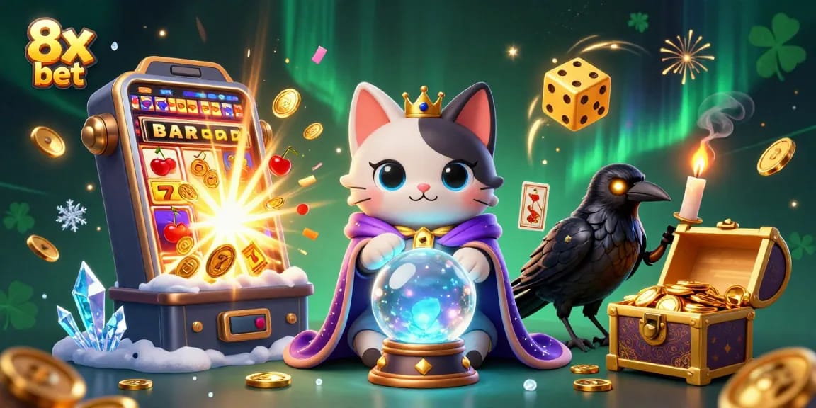 Spin to win with 8x bet, featuring mystical characters and vibrant casino elements in a dynamic illustration.