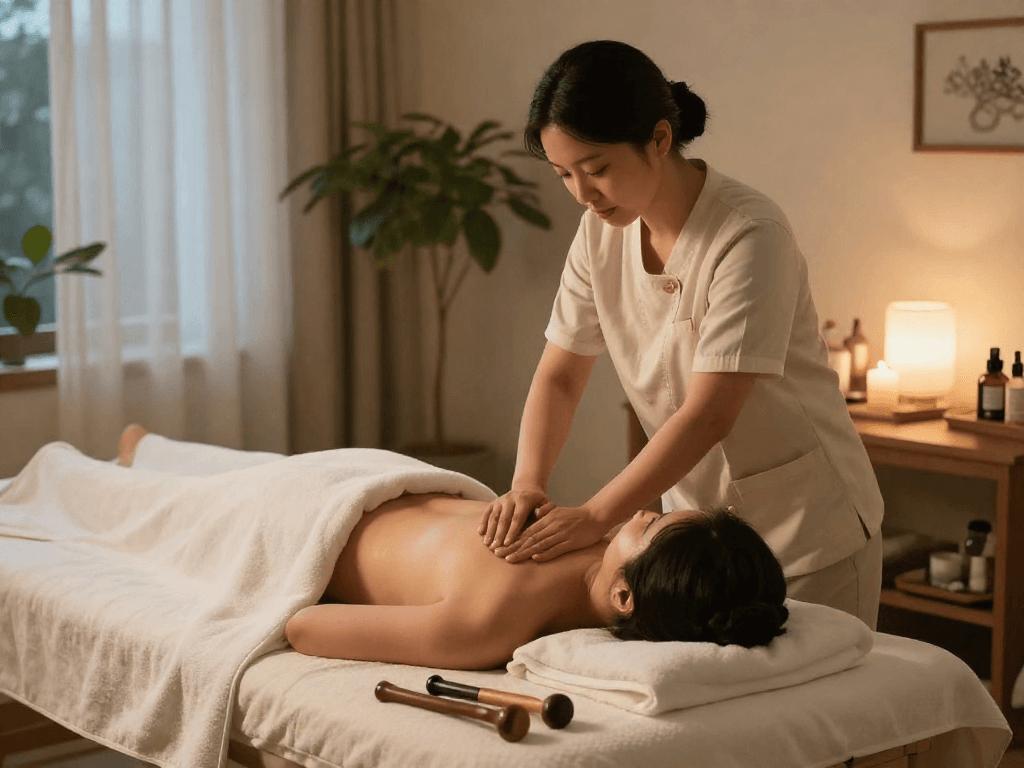 Relaxing 의정부출장안마 home massage scene with professional therapist and calming decor.