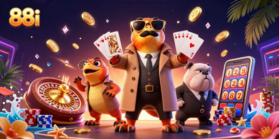 Spin the reels at 88i as cartoon raptors and a bouncer engage in a whimsical casino scene.