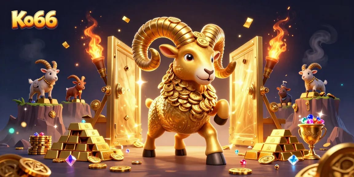 Experience thrilling wins at Ko66 with a golden ram charging through casino treasures.