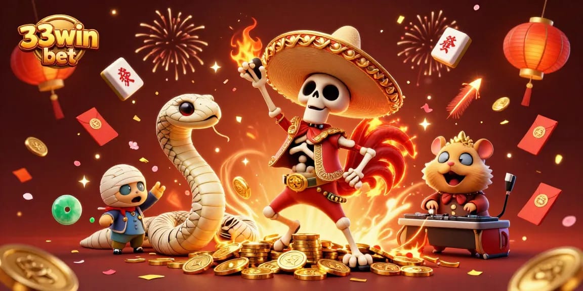 Engage with 33win bet's vibrant casino scene featuring a skeleton mariachi, mummy snake, and zombie DJ.