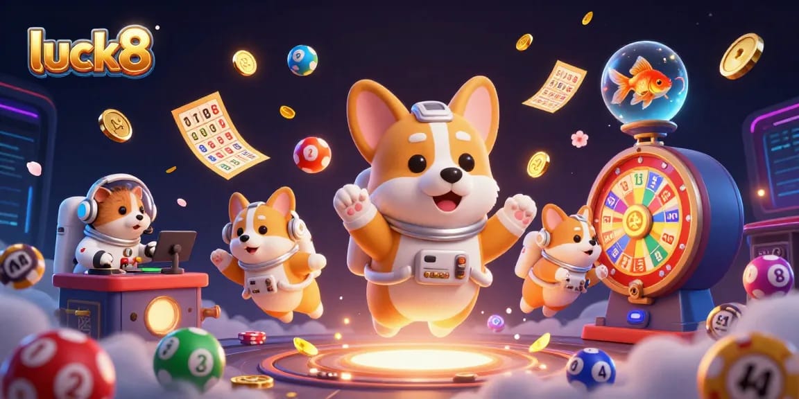 Experience the excitement at luck8 with a 3D digital illustration showing lively casino elements.