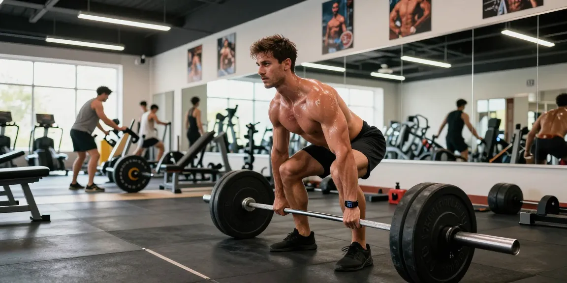 Escena fitness de Esteroidesshop de un hombre levantando peso en un gimnasio vibrante.