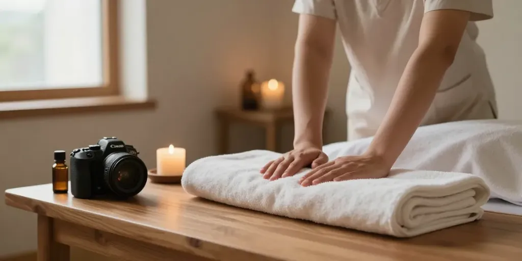 Engaging 강동구출장안마 scene with therapist and calming home environment.