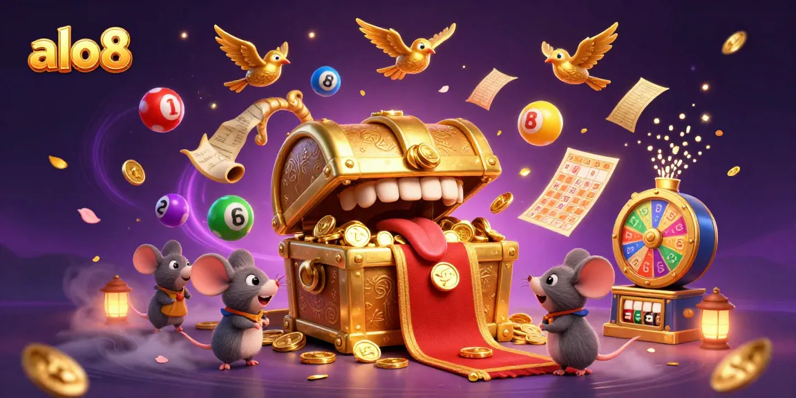 Experience the thrilling world of ALO8 with golden treasure chests and vibrant casino elements.