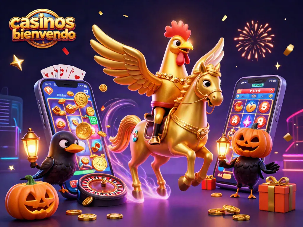 Ganancia en casinos con bono de bienvenida con un gallo dorado y elementos de juego vibrantes