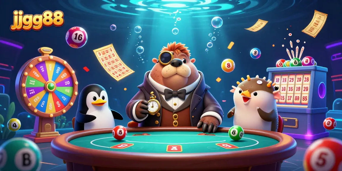 Engage in thrilling gameplay with jjgg88 at an underwater poker table featuring a jolly walrus and friends.