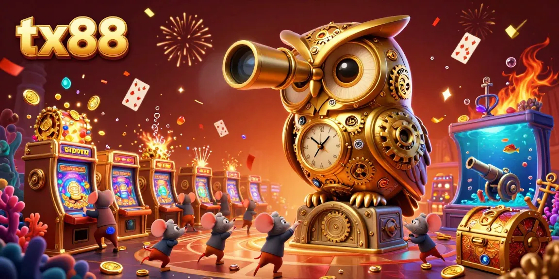 Engage with tx88's thrilling gaming atmosphere as the golden owl surveys the vibrant casino floor.
