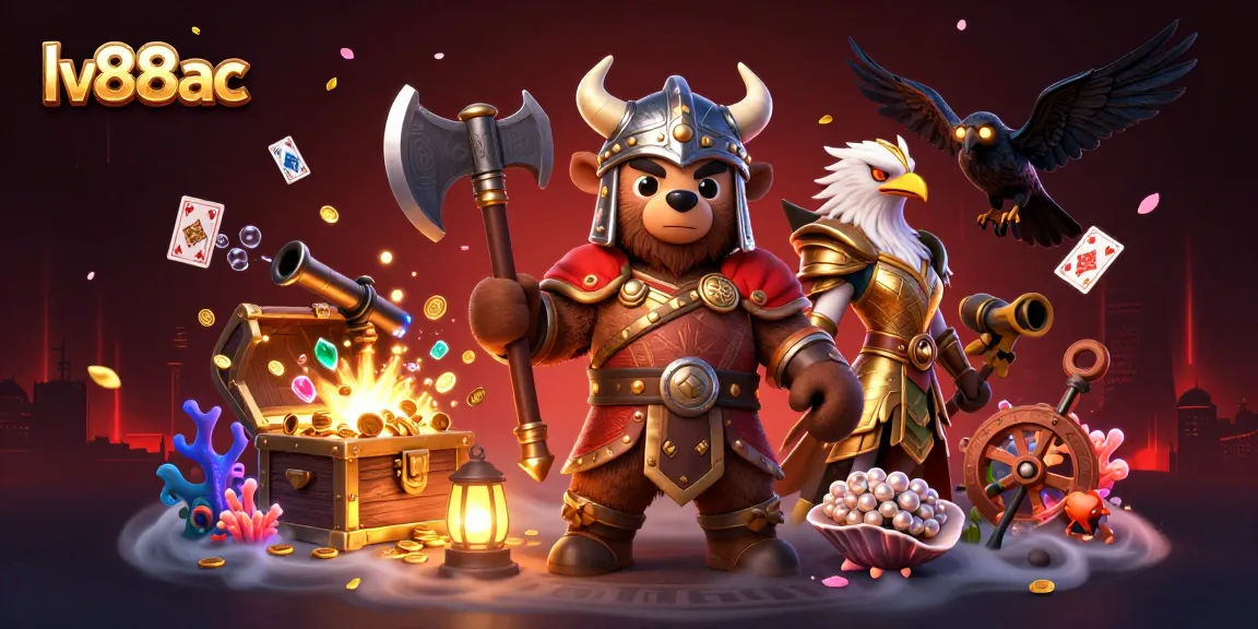 Immerse in the vibrant world of lv88ac, where a Viking bear and Valkyrie eagle battle amidst golden treasures.