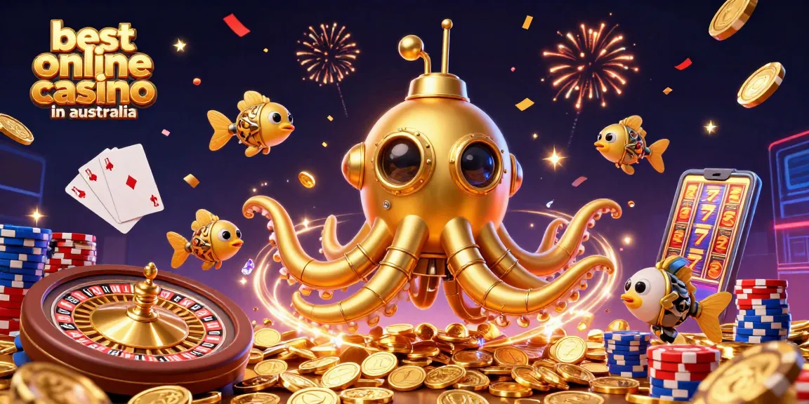 Win at the best online casino in Australia with a vibrant 3D scene featuring a golden kraken and mechanical fish.