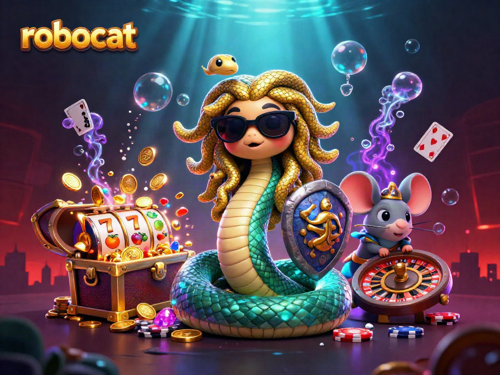 robocat players engaging with vibrant slot games and casino elements in a dynamic scene