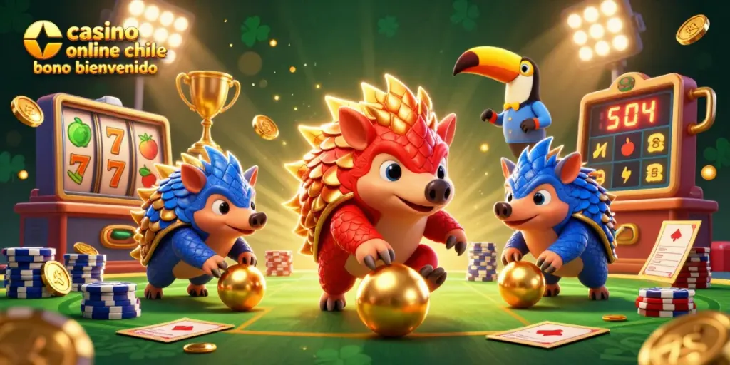 Casino online Chile bono bienvenida con pangolines jugando, tirando dados y haciendo apuestas emocionantes.
