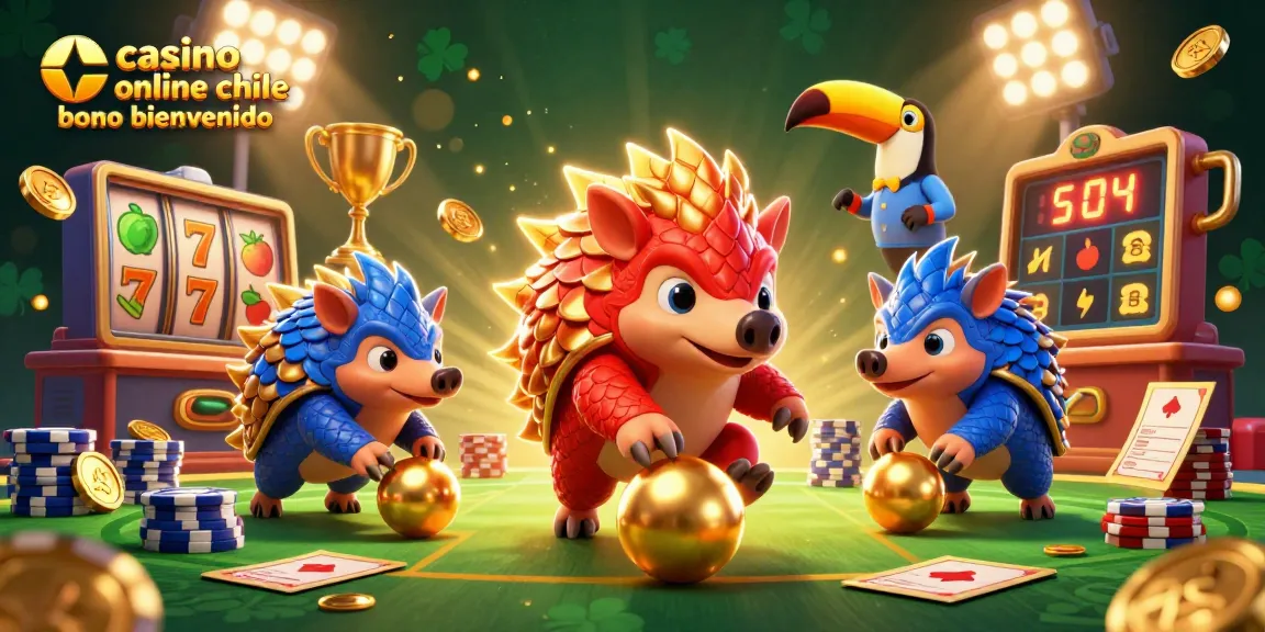 Casino online Chile bono bienvenida con pangolines jugando, tirando dados y haciendo apuestas emocionantes.