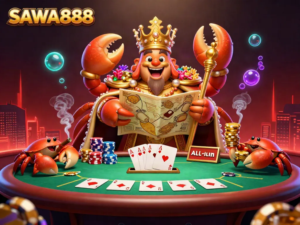 Experience thrilling gameplay at SAWA888 featuring vibrant casino gaming elements and the majestic crab emperor.