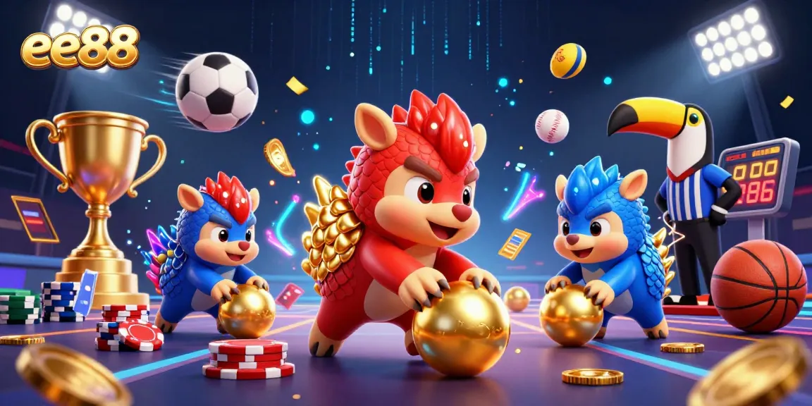 ee88 pangolins compete in a vibrant 3D casino scene filled with golden poker chips and sports balls