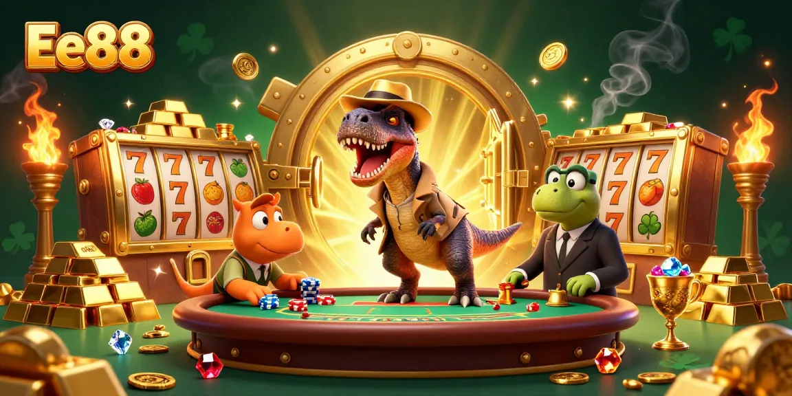 Play the Ee88 slots with vibrant characters and dazzling treasures in a fun casino scene.