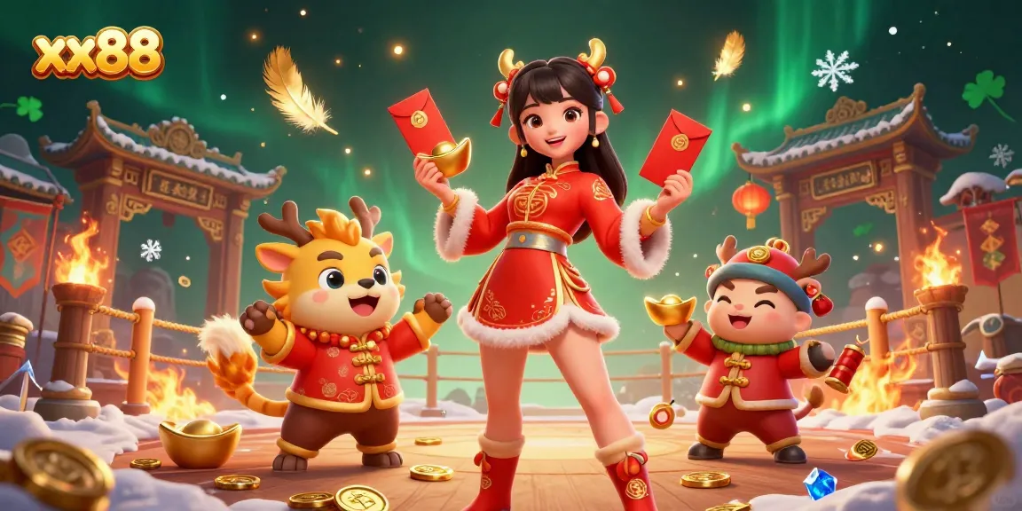Engage in thrilling gameplay at xx88, featuring an energetic scene with festive characters and casino elements.
