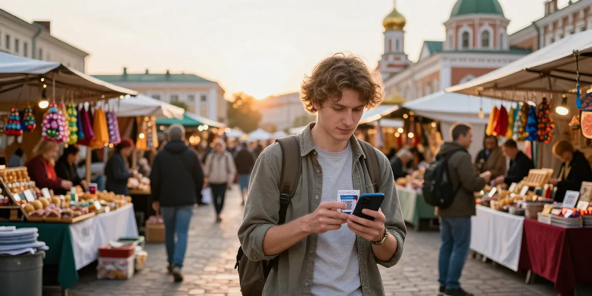 Pago en Rusia a través de QR en un mercado local, explorando opciones en https://payinrussia.com/.