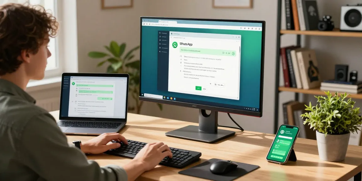 Engaged user working with WhatsApp電腦版 on a desktop in a modern workspace, showcasing productivity and technology.