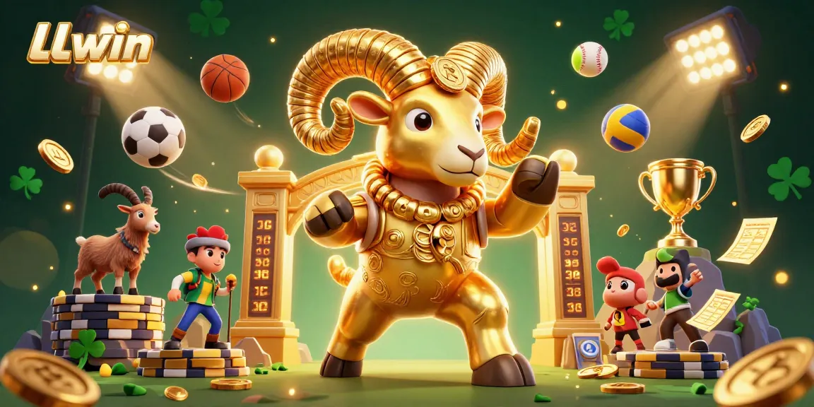 Experience thrilling games with LLwin; a golden ram charges through a vibrant casino scene.