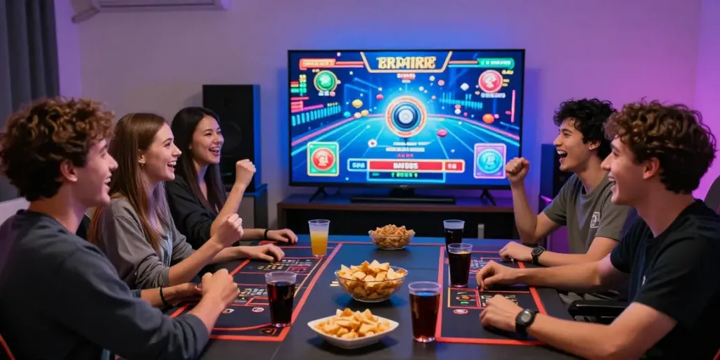 Grupo de amigos disfrutando de juegos de casino en línea en phuwerte-inwersowia.com, riendo y celebrando juntos.