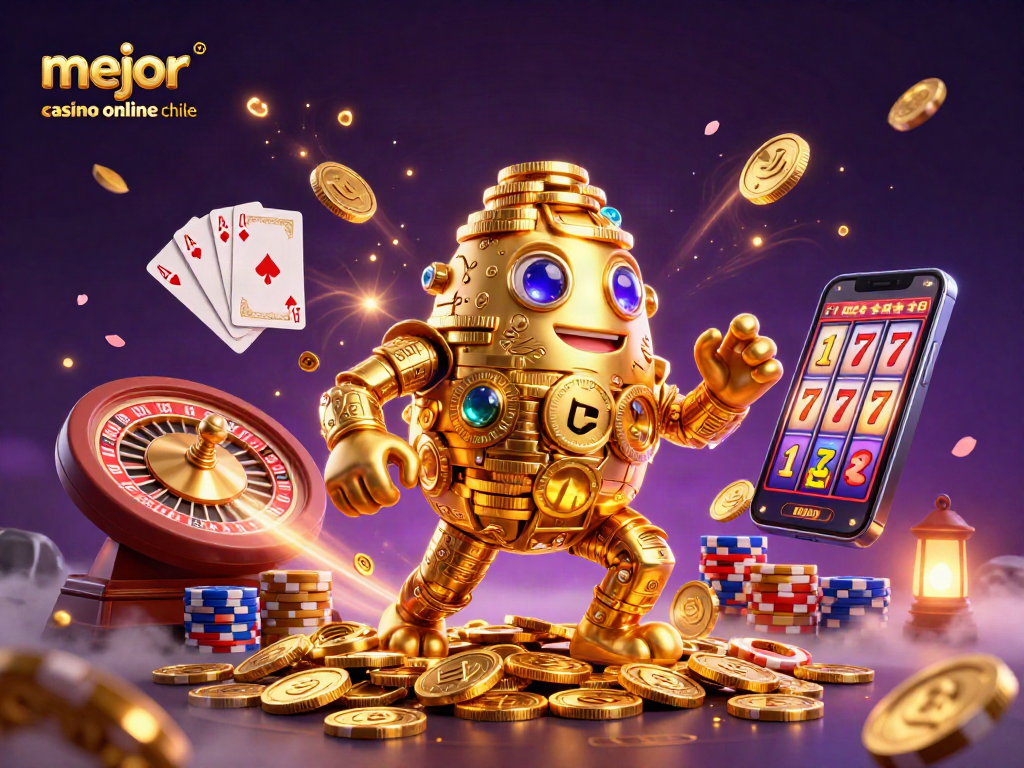 Explora el mejor casino online Chile con el golem de oro y tragamonedas vibrantes en una escena mística.
