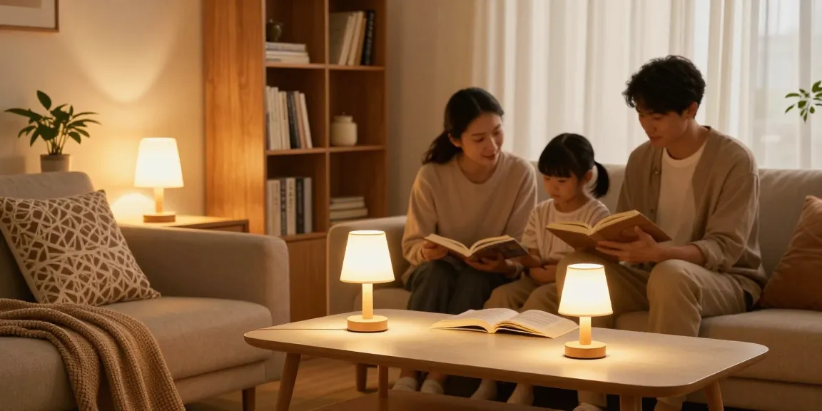 Small table lamps enhancing a cozy living room atmosphere with warm lighting.