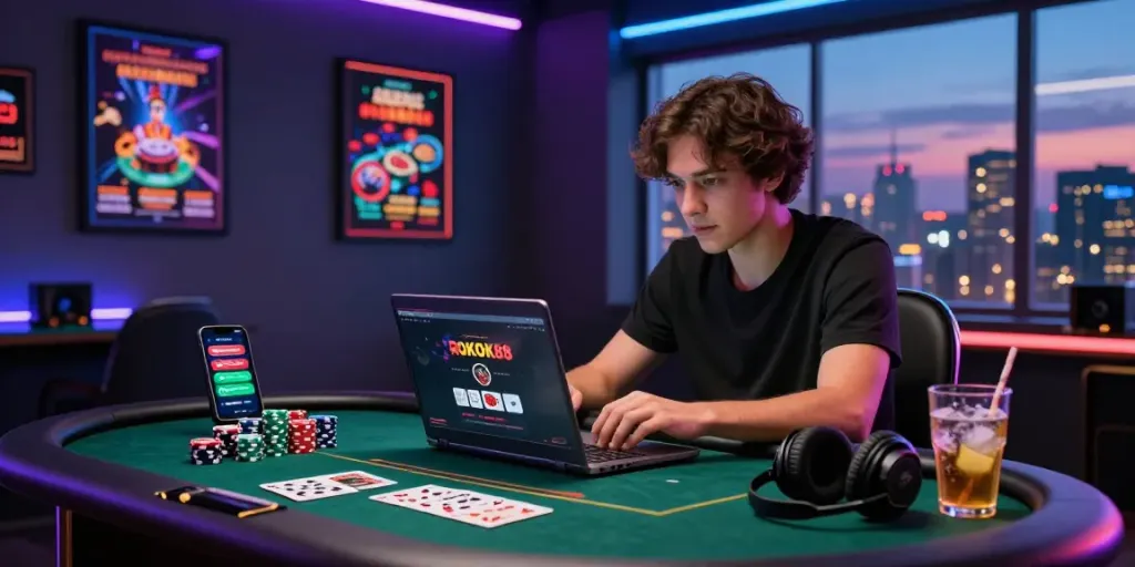 Engaged user performing ROKOK88 login at a modern gaming desk with vibrant city view.