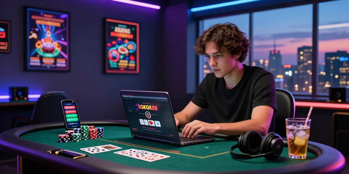 Engaged user performing ROKOK88 login at a modern gaming desk with vibrant city view.
