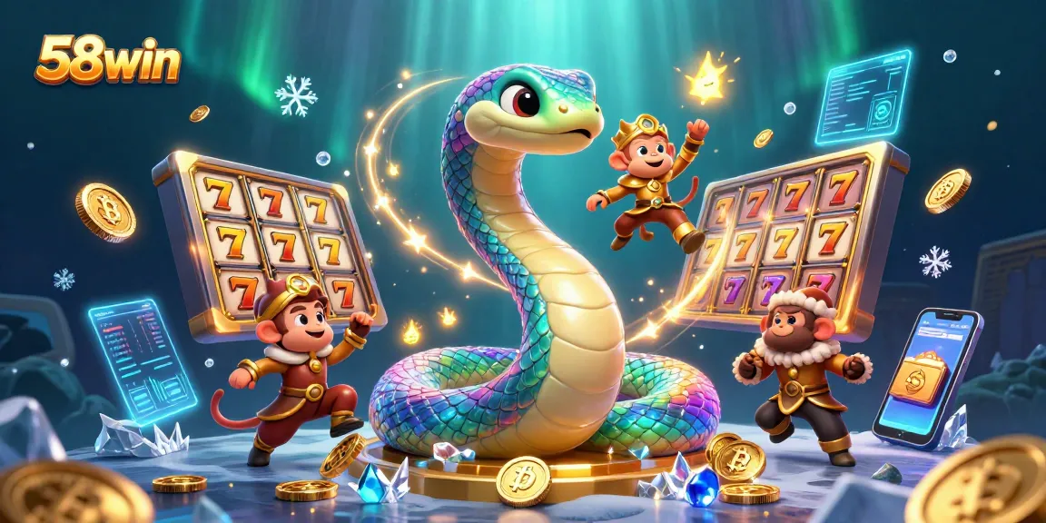 Experience thrilling jackpots with 58win's vibrant casino games featuring a playful monkey and rainbow serpent.