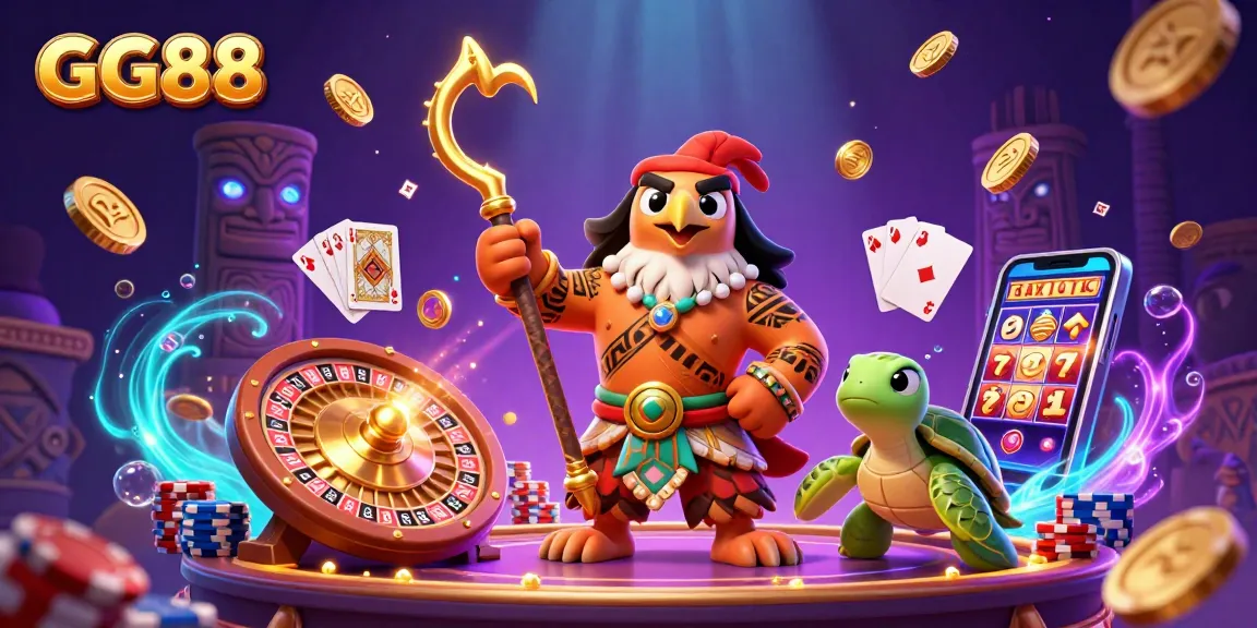 Engage with GG88's vibrant gambling world, featuring a demigod and casino themes with sparkling coins.