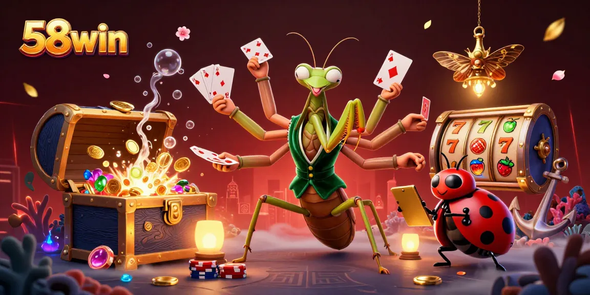 Experience 58win with engaging 3D illustration of card gameplay and vibrant casino atmosphere.