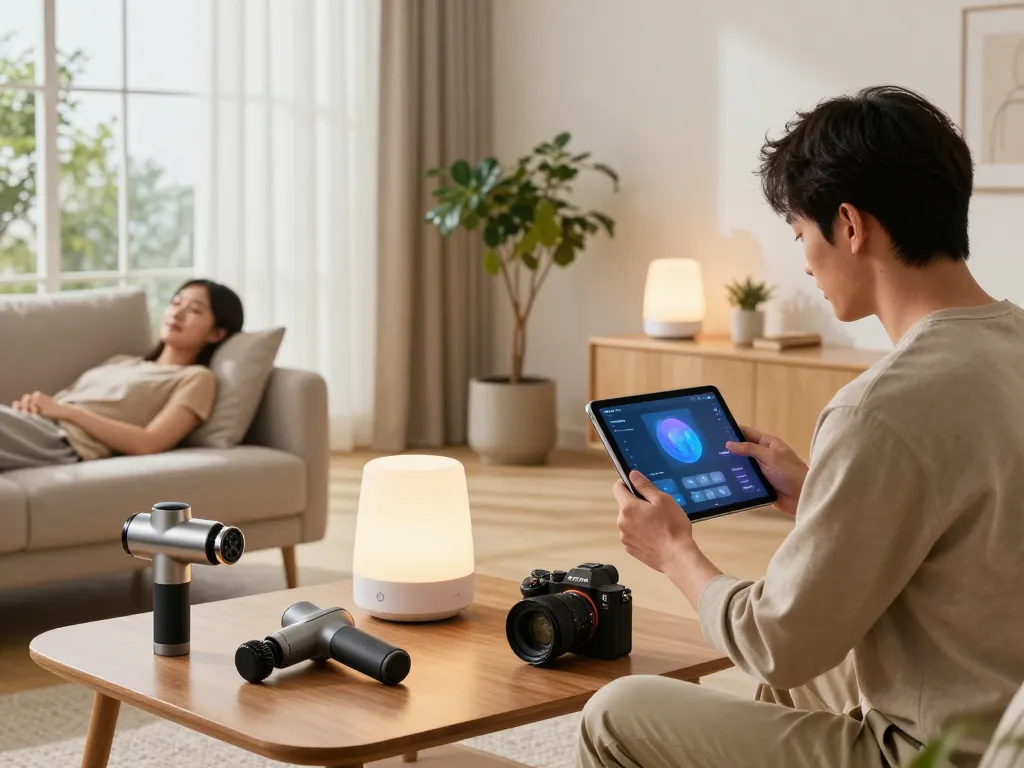 Engaged couple managing tech gadgets for home, showcasing smart devices in a modern living room.