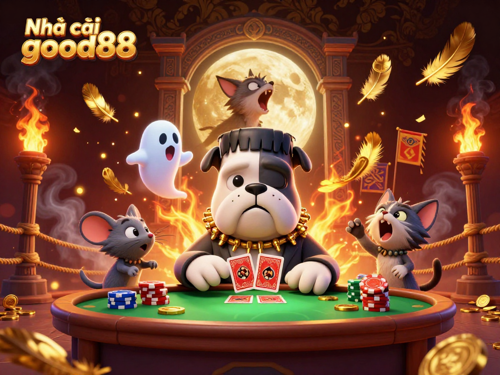 Engage with Nhà cái good88 as a festive bulldog deals cards amidst gold and spooky elements.