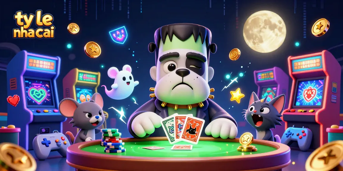 Join the thrilling action of ty le nha cai, where a Frankenstein bulldog deals cards amidst vibrant gaming elements.