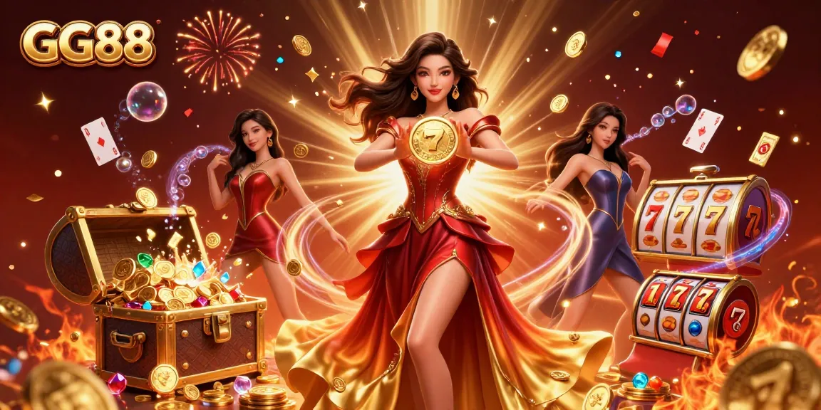 Engage with GG88 casino excitement featuring a glamorous character holding a golden coin amidst dynamic game elements.