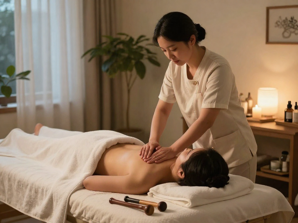 Relaxing 의정부출장안마 home massage scene with professional therapist and calming decor.