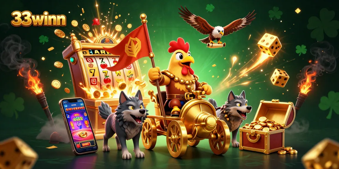 Experience the thrill of 33winn with a rooster warlord and explosive jackpot visuals in this vibrant casino scene.