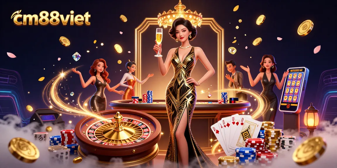 Win big with cm88viet at this vibrant casino scene filled with golden coins and high-stakes action.
